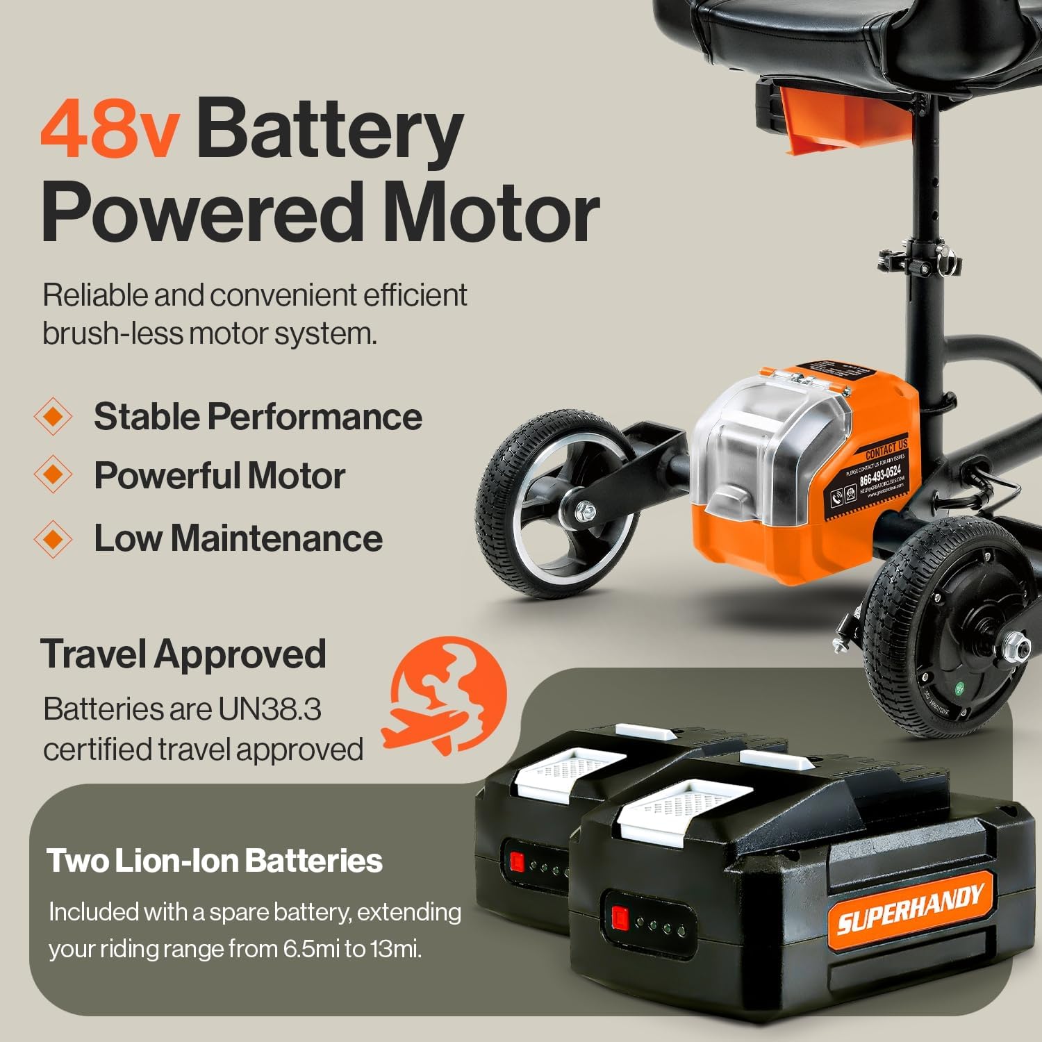 SuperHandy Passport Mobility Scooter for Adults- Foldable, 3 Wheel, Airline Travel Friendly - 13 Mile Range, Includes 2 Removable 48V Lithium-ion Batteries & Charger (275 Lbs)-5