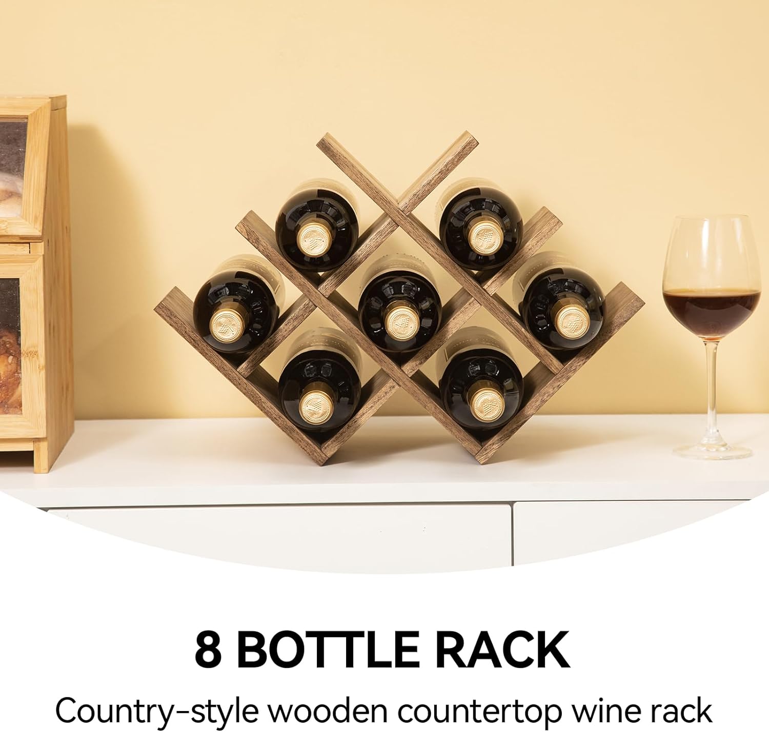 KIRIGEN 8-Bottle Countertop Wine Rack - Wine Bottle Holder for Bar Table/Wine Cabinet Free Standing - Wood 3-Tier Wine Display and Storage Shelves Dark Brown XHJJ3-DBR-1