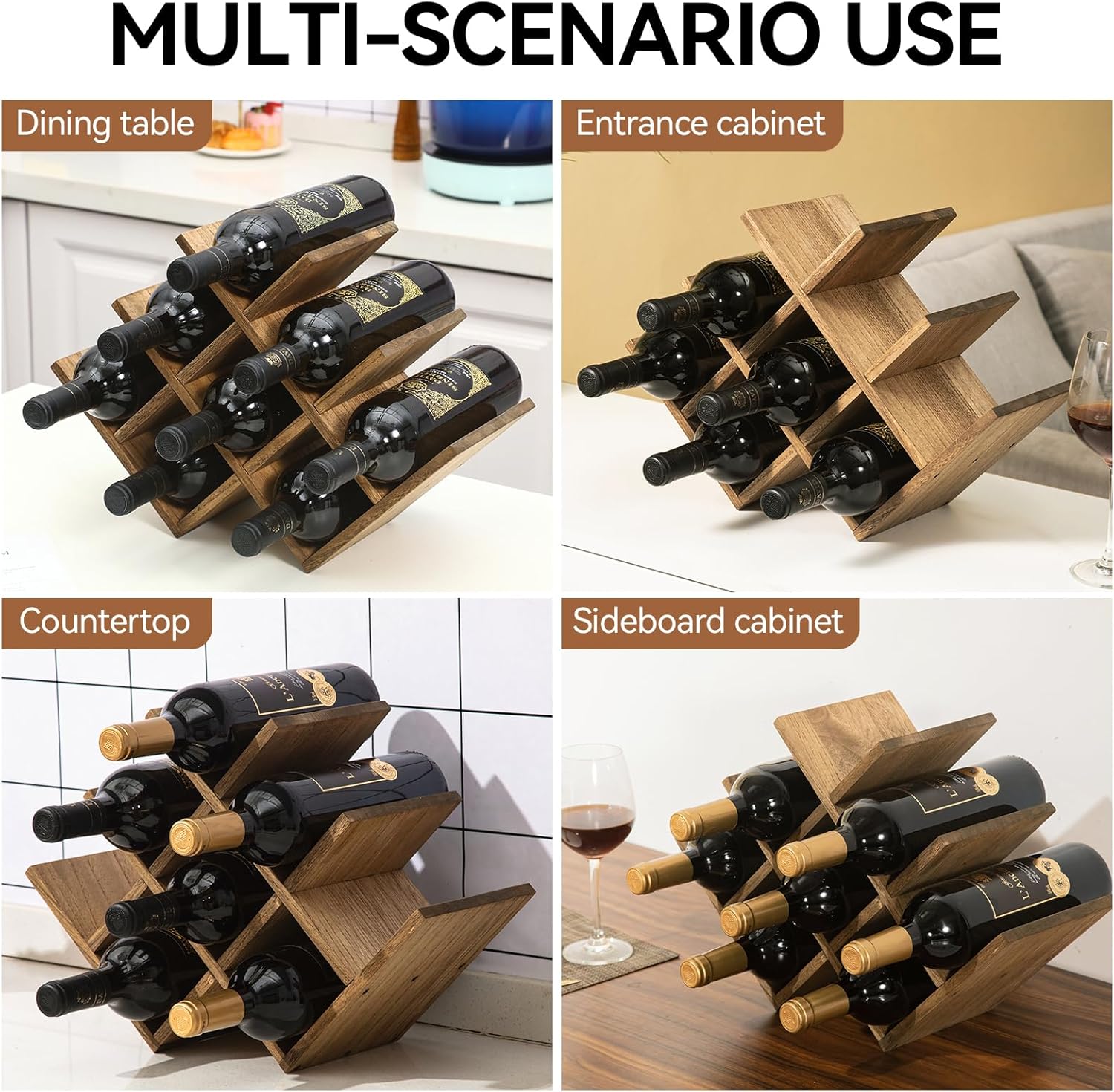 KIRIGEN 8-Bottle Countertop Wine Rack - Wine Bottle Holder for Bar Table/Wine Cabinet Free Standing - Wood 3-Tier Wine Display and Storage Shelves Dark Brown XHJJ3-DBR-3