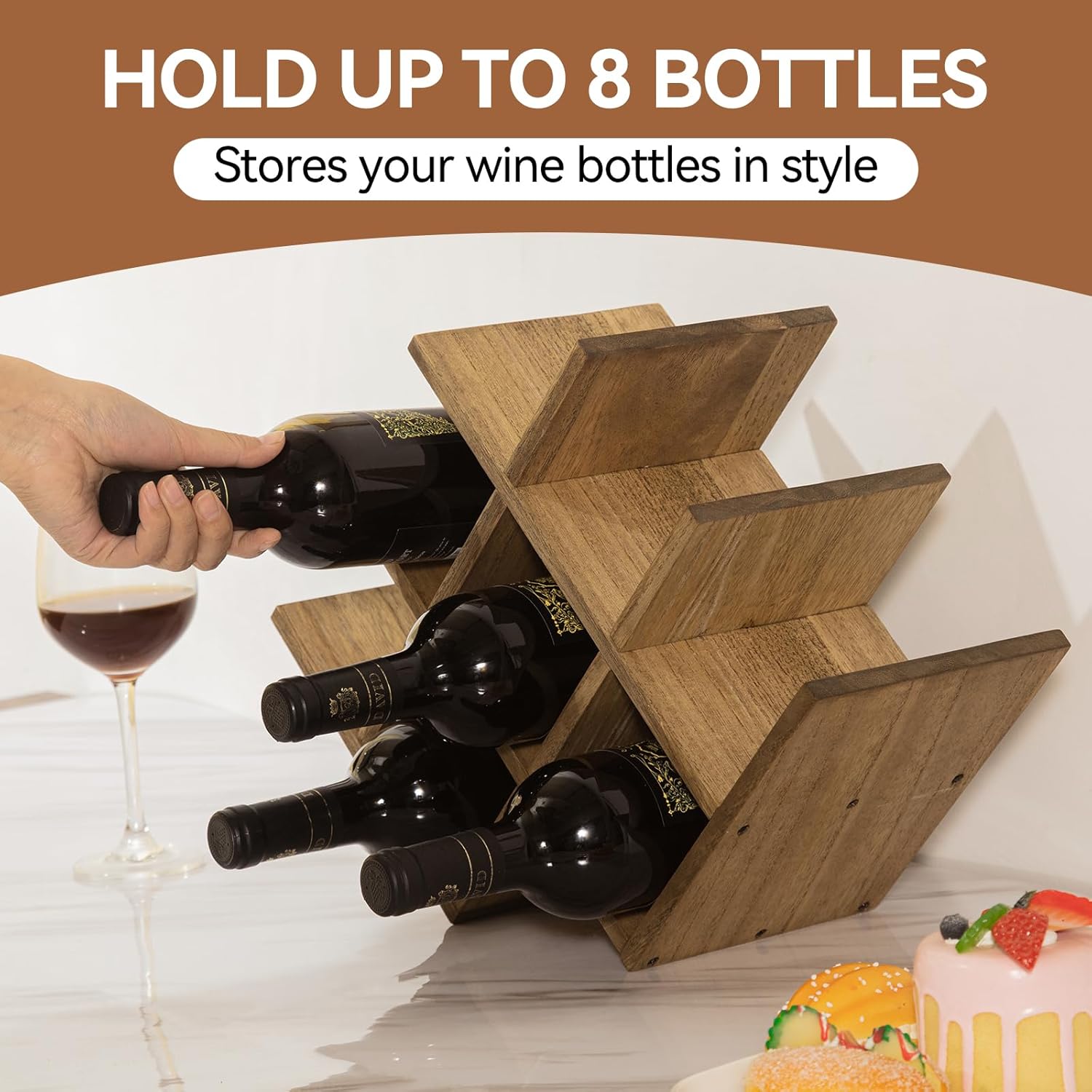 KIRIGEN 8-Bottle Countertop Wine Rack - Wine Bottle Holder for Bar Table/Wine Cabinet Free Standing - Wood 3-Tier Wine Display and Storage Shelves Dark Brown XHJJ3-DBR-6