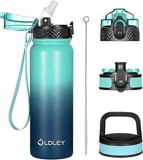 Oldley Insulated Water Bottle 20oz for Adults Kids Stainless Steel Water Bottles with Straw/Chug/Carabiner 3 Lids Fruit Strainer Double Wall Vacuum Wide Mouth BPA Free Leak-Proof for School Travel