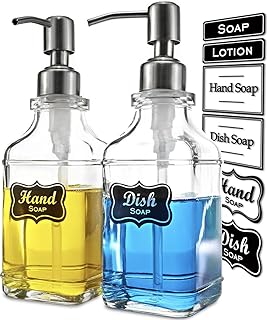 JASAI 2Pack Antique Design Glass Soap Dispenser with Rust Proof 304 Stainless Steel Pump, Refillable Hand Soap Dispenser with 10Pcs Stickers, Premium Soap Dispensers for Kitchen & Bathroom (Clear)