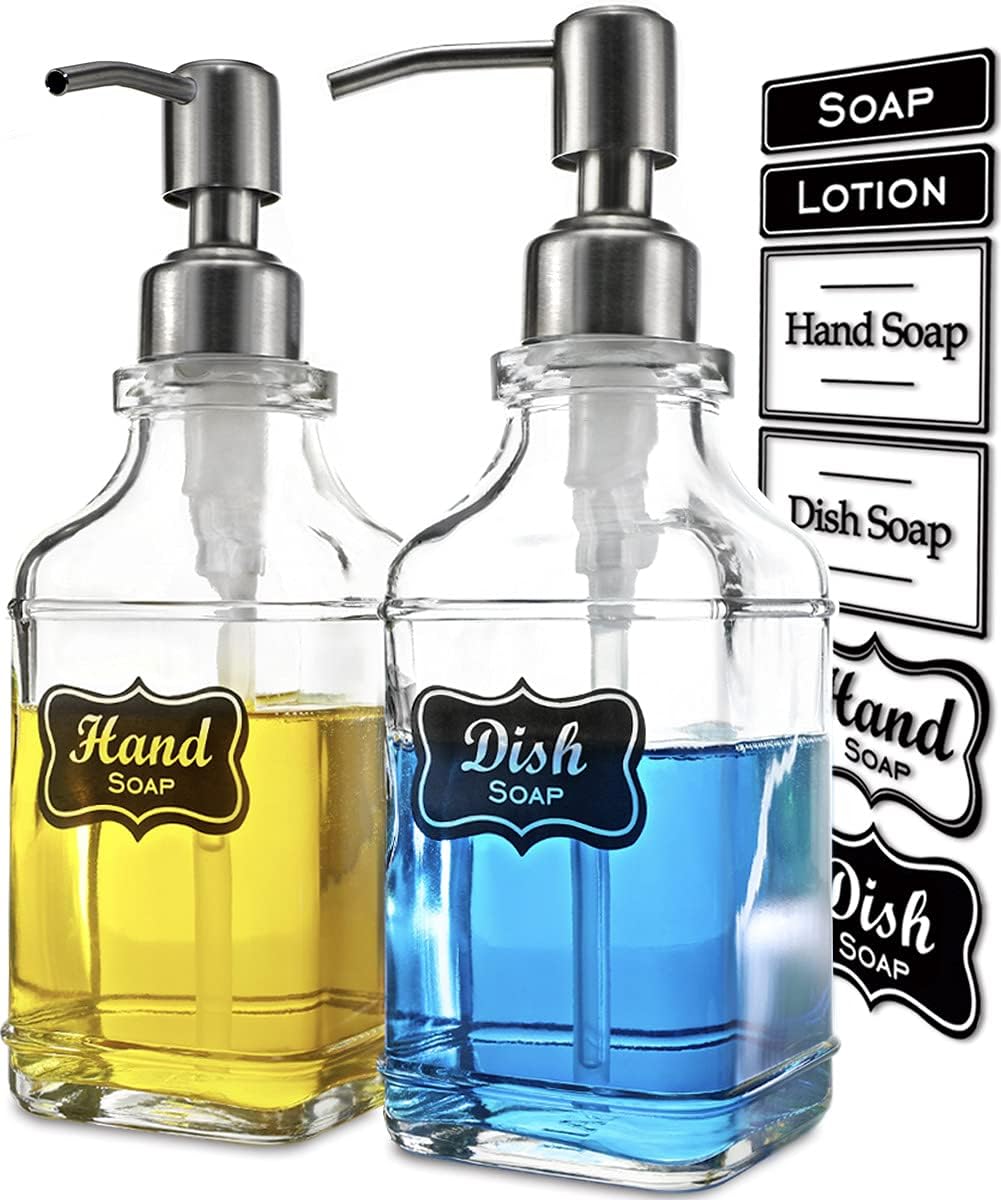 JASAI 2Pack Antique Design Glass Soap Dispenser with Rust Proof 304 Stainless Steel Pump, Refillable Hand Soap Dispenser with 10Pcs Stickers, Premium Soap Dispensers for Kitchen & Bathroom (Clear)-0