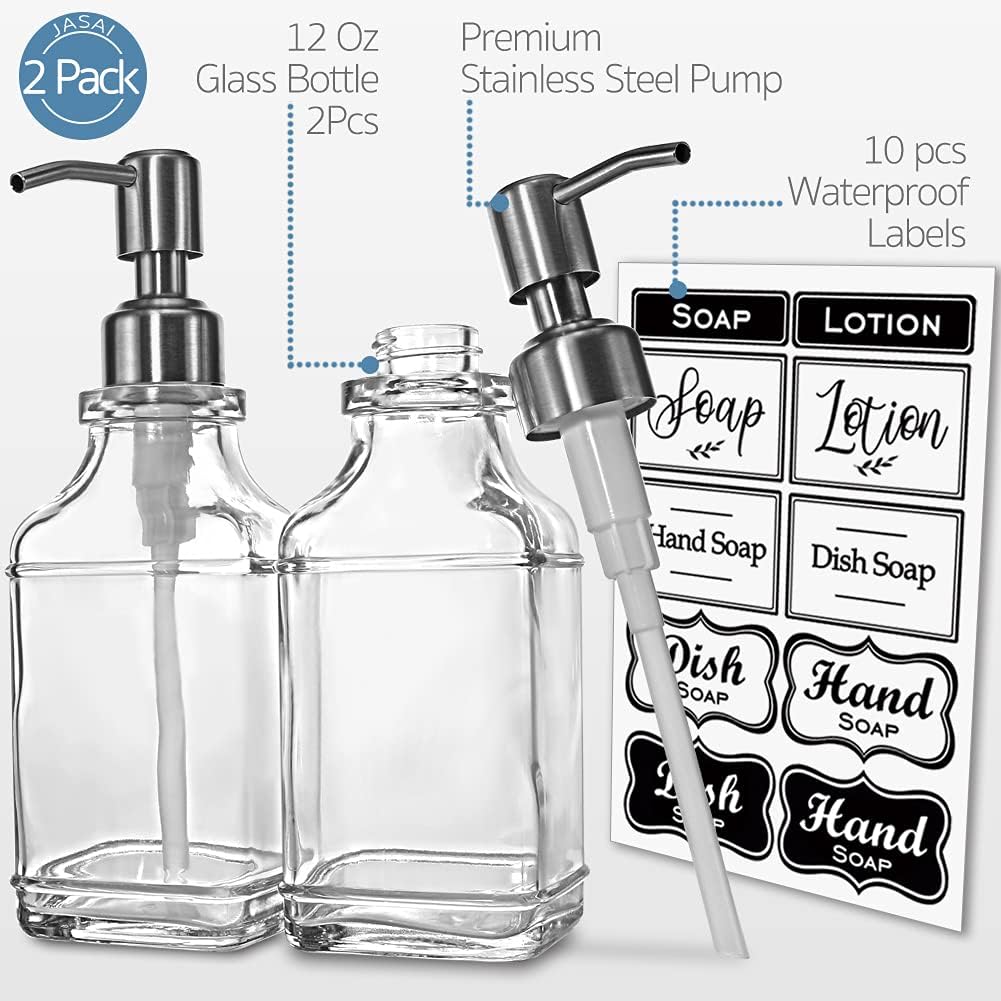 JASAI 2Pack Antique Design Glass Soap Dispenser with Rust Proof 304 Stainless Steel Pump, Refillable Hand Soap Dispenser with 10Pcs Stickers, Premium Soap Dispensers for Kitchen & Bathroom (Clear)-1