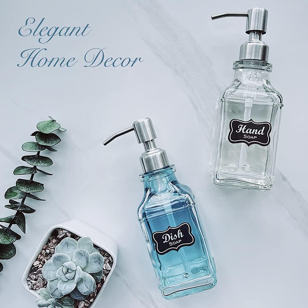 JASAI 2Pack Antique Design Glass Soap Dispenser with Rust Proof 304 Stainless Steel Pump, Refillable Hand Soap Dispenser with 10Pcs Stickers, Premium Soap Dispensers for Kitchen & Bathroom (Clear)-5