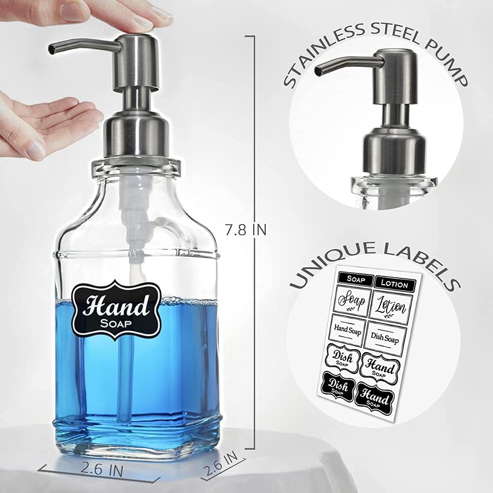 JASAI 2Pack Antique Design Glass Soap Dispenser with Rust Proof 304 Stainless Steel Pump, Refillable Hand Soap Dispenser with 10Pcs Stickers, Premium Soap Dispensers for Kitchen & Bathroom (Clear)-6