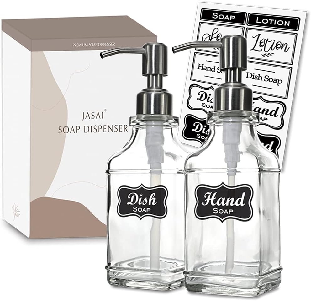 JASAI 2Pack Antique Design Glass Soap Dispenser with Rust Proof 304 Stainless Steel Pump, Refillable Hand Soap Dispenser with 10Pcs Stickers, Premium Soap Dispensers for Kitchen & Bathroom (Clear)-7