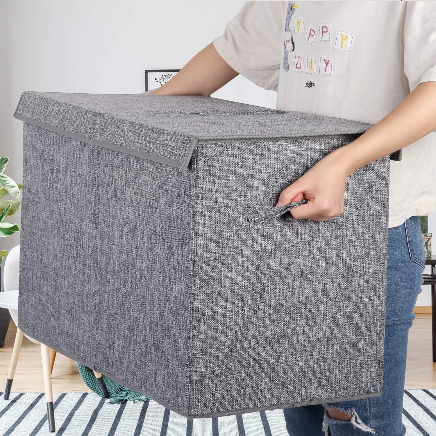 popoly Large Toy Box Chest with Lid, Collapsible Sturdy Toy Storage Organizer Boxes Bins Baskets for Kids, Boys, Girls, Nursery, Playroom, 25"x13" x16" (Linen Gray)-4