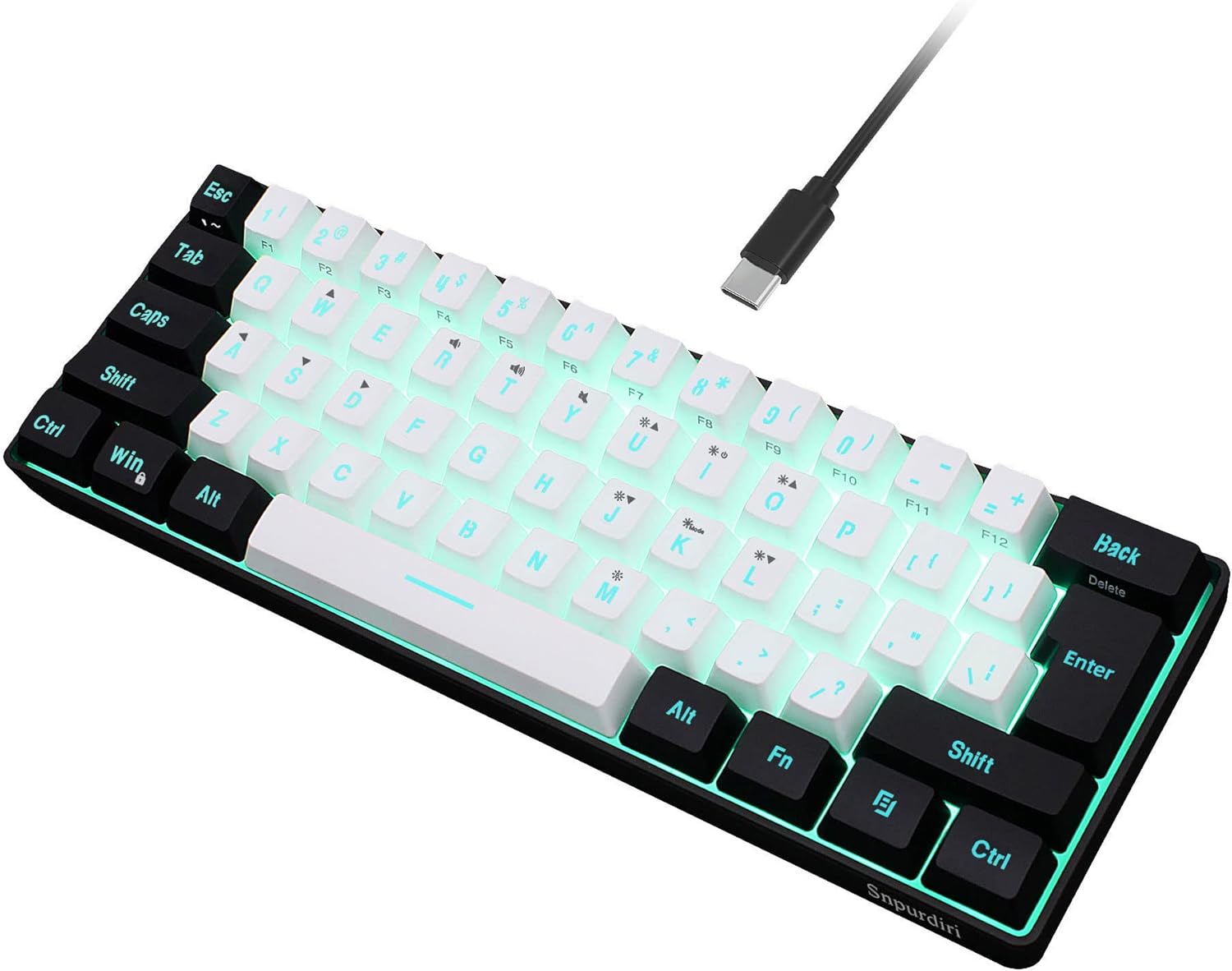 Snpurdiri 60% Wired Gaming Keyboard, RGB Backlit Mini Keyboard, Waterproof Small Ultra-Compact 61 Keys Keyboard for PC/Mac Gamer, Typist, Travel, Easy to Carry on Business Trip(Black-White)-0