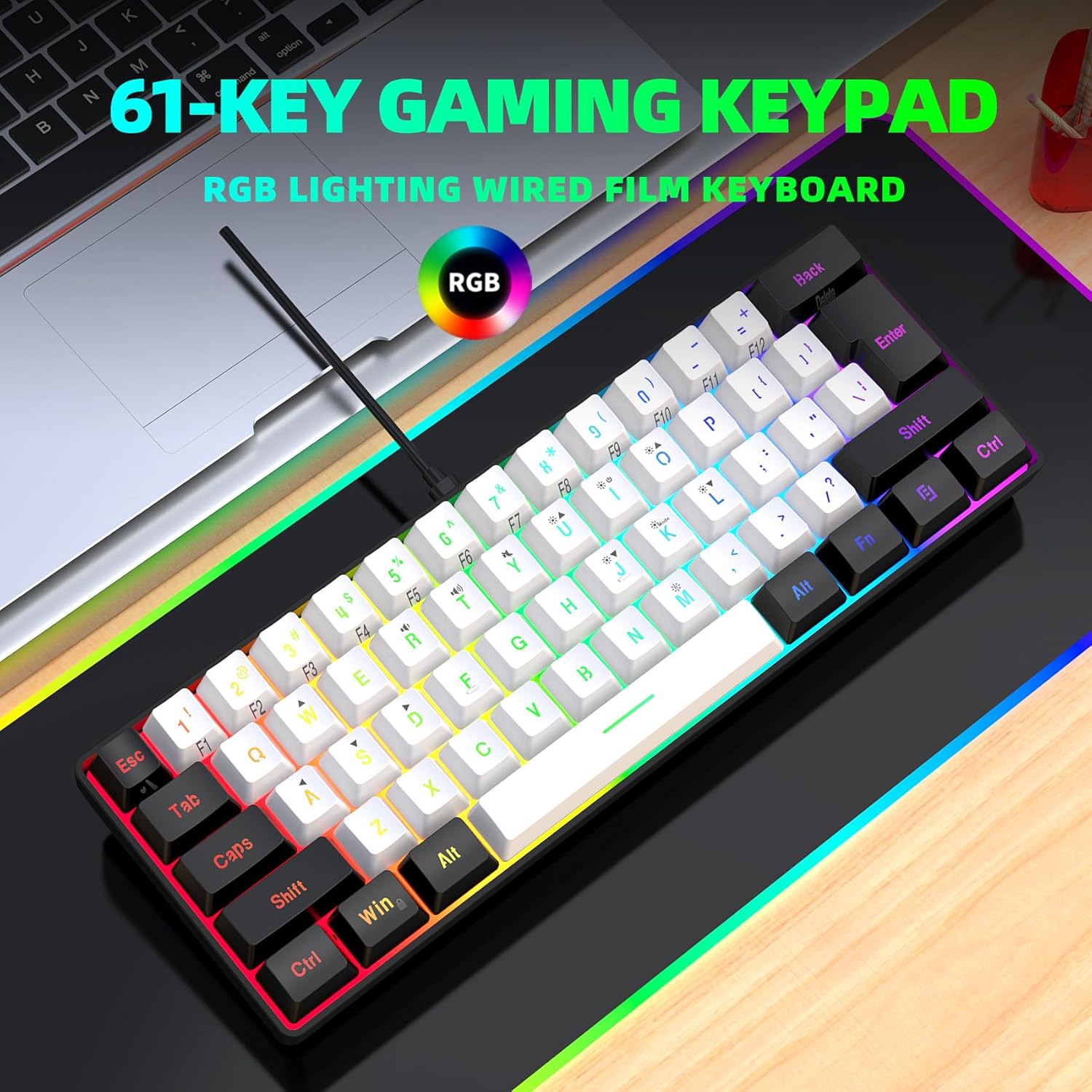 Snpurdiri 60% Wired Gaming Keyboard, RGB Backlit Mini Keyboard, Waterproof Small Ultra-Compact 61 Keys Keyboard for PC/Mac Gamer, Typist, Travel, Easy to Carry on Business Trip(Black-White)-6