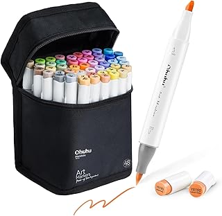 Ohuhu Alcohol Brush Markers 48 Mid-tone Colors- Double Tipped Alcohol Based Art Marker Set for Artists Adults Coloring Sketch Illustration- Brush & Chisel Dual Tips- Honolulu- Refillable