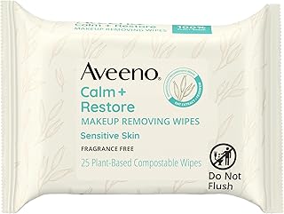 Aveeno Calm + Restore Nourishing Makeup Remover Face Wipes, Fragrance Free Facial Cleansing Towelettes with Oat Extract & Calming Feverfew, Alcohol Free, 100% Plant-Based Cloth, 25 ct