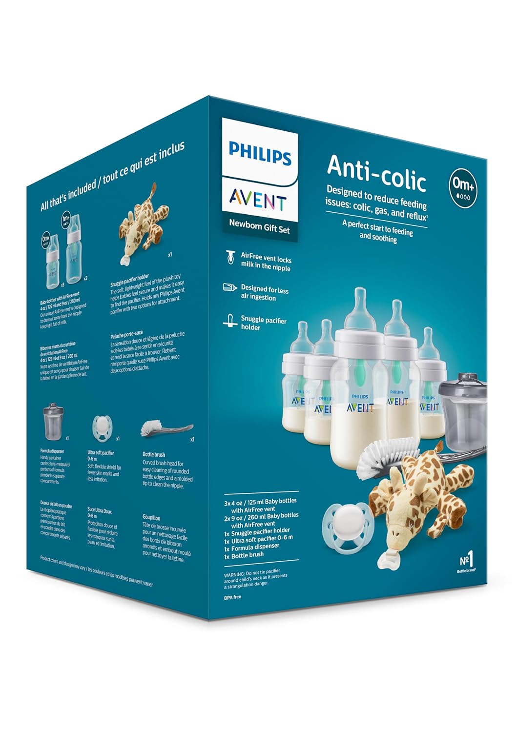 Philips AVENT Anti-Colic Baby Bottle with AirFree Vent Newborn Gift Set with Snuggle, Clear, SCD306/10-10