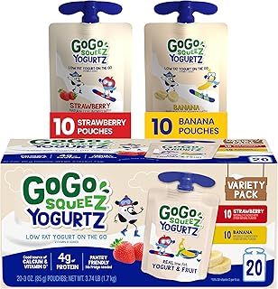 GoGo squeeZ yogurtZ Variety Pack, Strawberry & Banana, 3 oz (Pack of 20), Kids Snacks Made from Real Yogurt and Fruit, No Fridge Needed, Gluten Free, Nut Free, Recloseable Cap, BPA Free Pouches