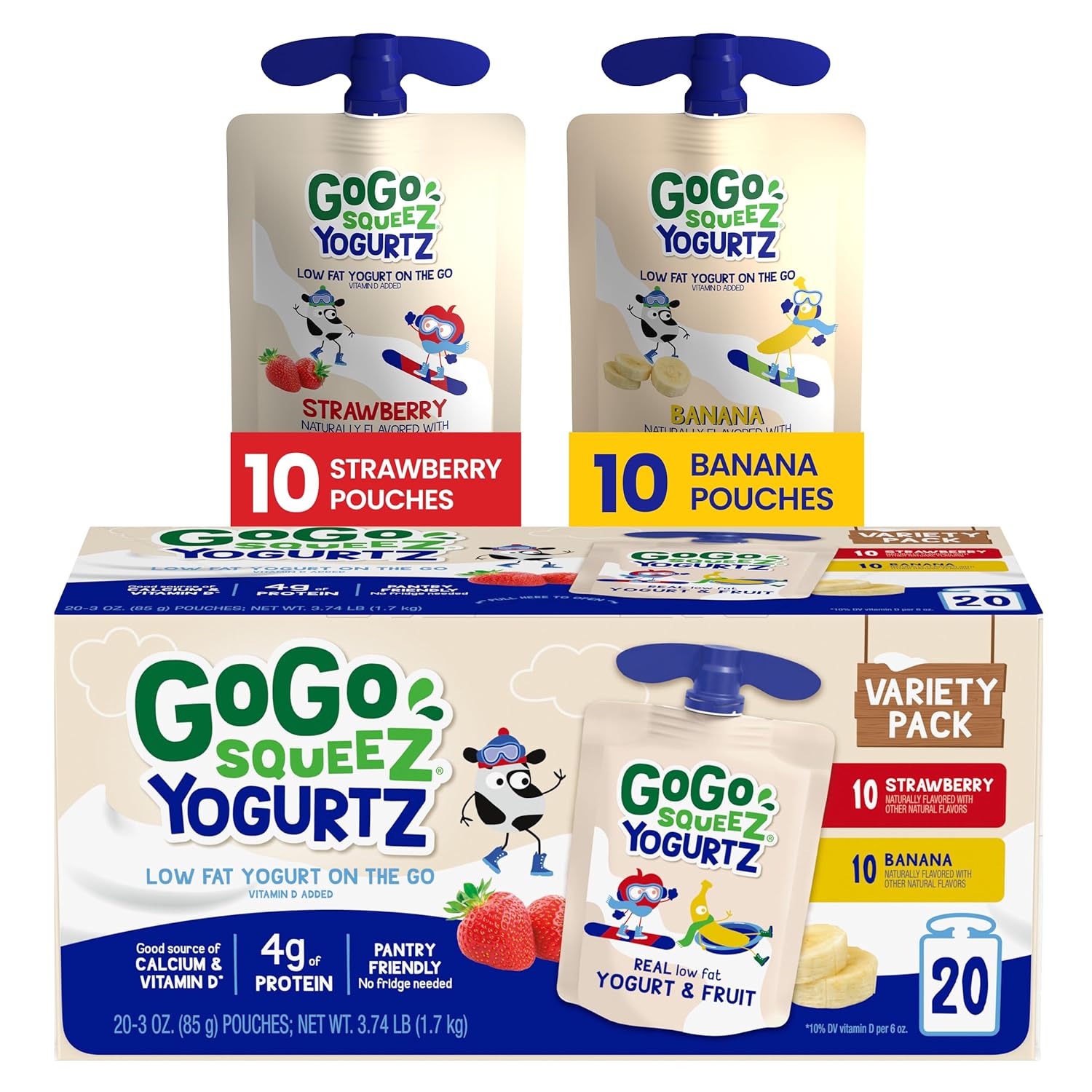 GoGo squeeZ yogurtZ Variety Pack, Strawberry & Banana, 3 oz (Pack of 20), Kids Snacks Made from Real Yogurt and Fruit, No Fridge Needed, Gluten Free, Nut Free, Recloseable Cap, BPA Free Pouches-0