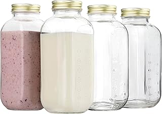 kitchentoolz 32oz Square Glass Milk Bottle with Metal Airtight Lids -1 Quart Milk Jars with Lids for Fridge - Reusable Milk Jugs, Yogurt, Smoothies, Kefir, Kombucha, Water