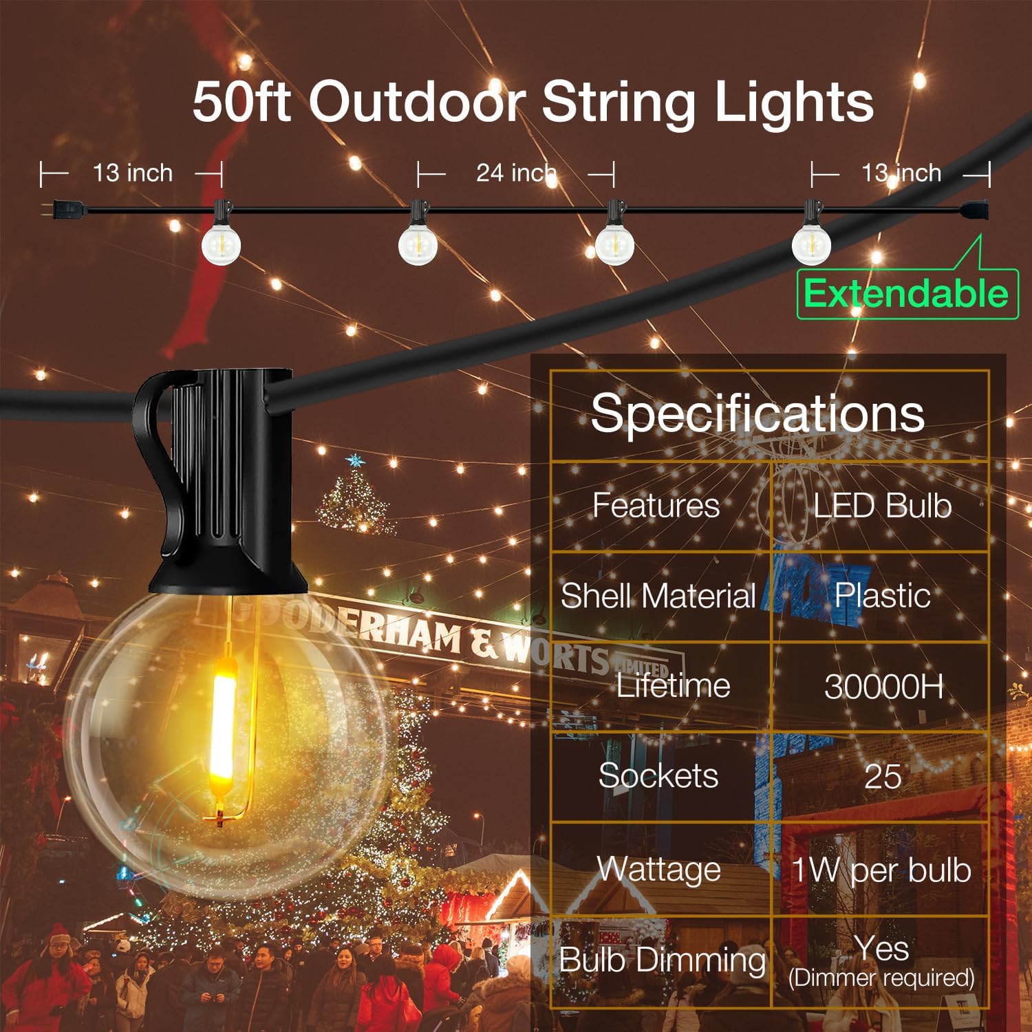 DAYBETTER 50FT Outdoor String Lights Waterproof,Patio Lights with 25 Shatterproof Dimmable LED Edison Bulb(+1 Spare),Connectable G40 Globe String Lights for Outside,Christmas Light for Yard Porch-4