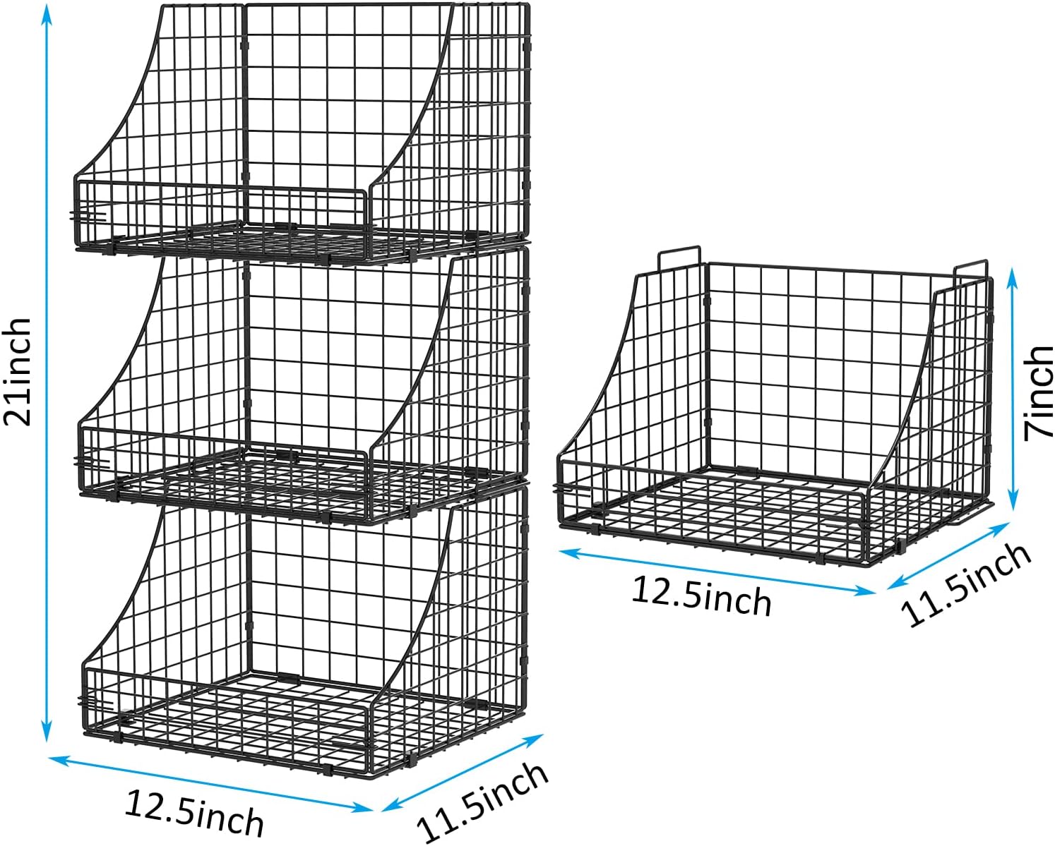 Storage Bins Closet Organizers and Storage 3 Pack, Rustic Stackable Metal Wire Basket for Clothes Toys Snacks, Open Pantry Baskets for Countertop Cabinet Living Room Black, 11.5x11.5x21inch-6