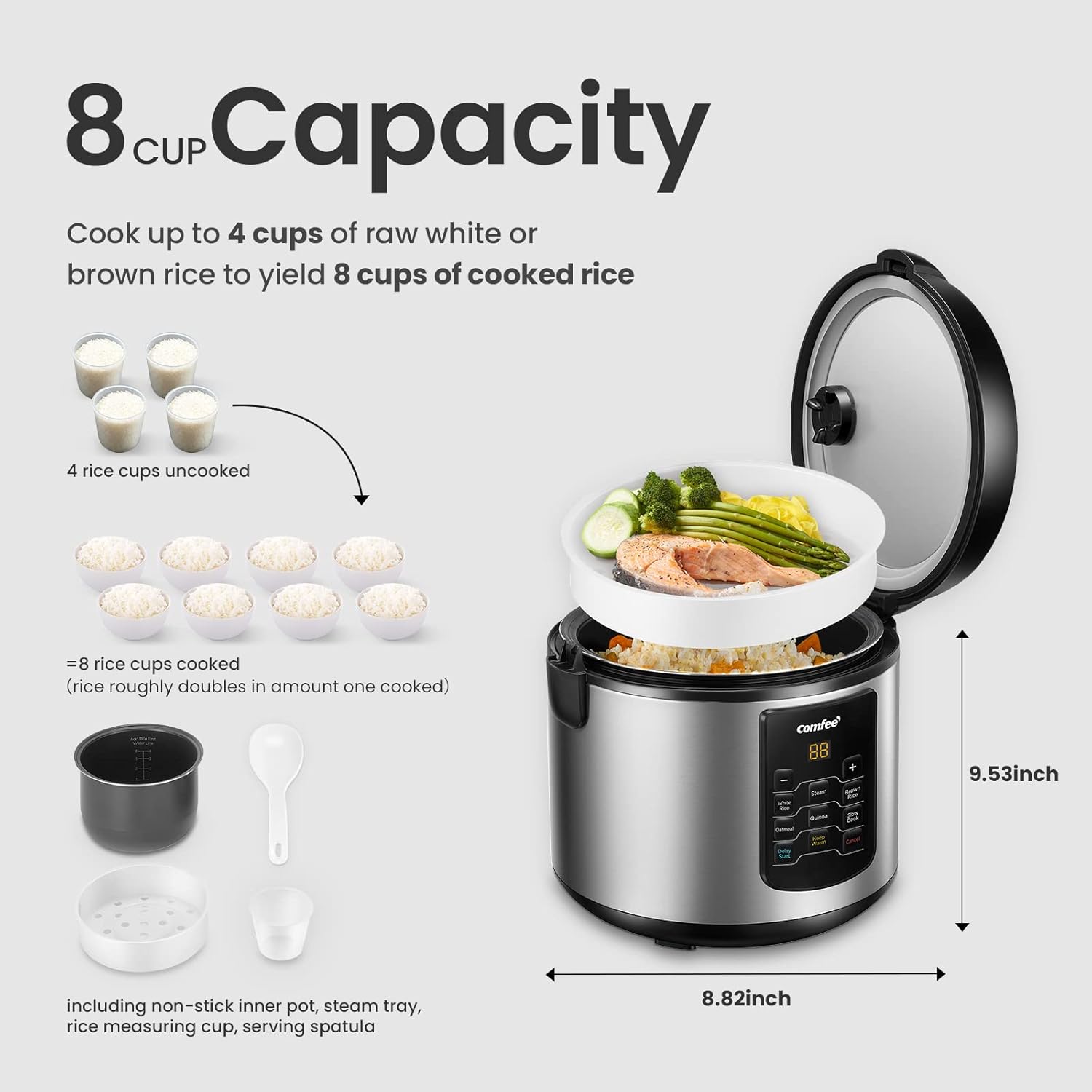 COMFEE' Compact Rice Cooker, 6-in-1 Stainless Steel Multi Cooker, Slow Cooker, Steamer, Saute, and Warmer, 2 QT, 8 Cups Cooked(4 Cups Uncooked), Brown Rice, Quinoa and Oatmeal, 6 One-Touch Programs-4