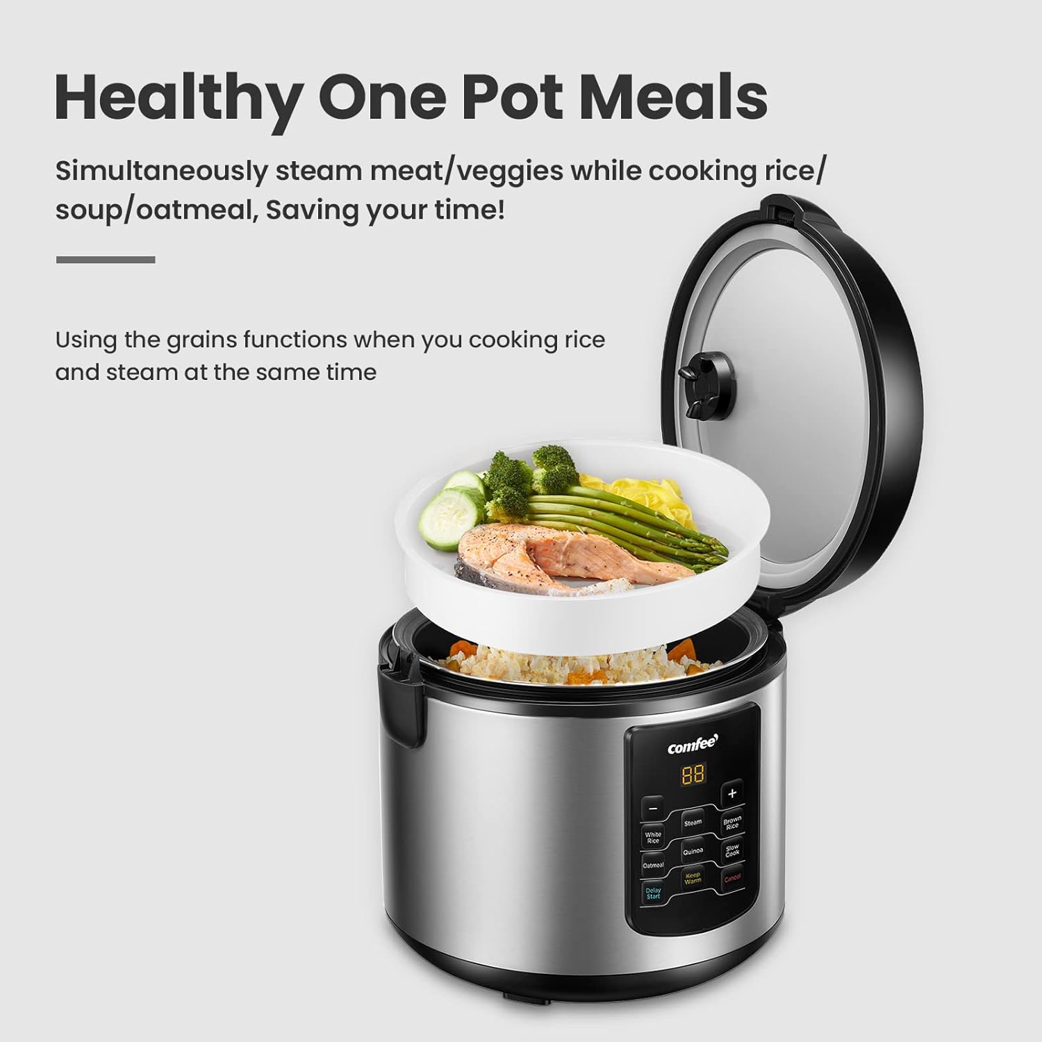 COMFEE' Compact Rice Cooker, 6-in-1 Stainless Steel Multi Cooker, Slow Cooker, Steamer, Saute, and Warmer, 2 QT, 8 Cups Cooked(4 Cups Uncooked), Brown Rice, Quinoa and Oatmeal, 6 One-Touch Programs-5