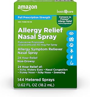 Amazon Basic Care Amazon Basic Care 24-Hour Allergy Relief Nasal Spray, Fluticasone Propionate (Glucocorticoid), 50 mcg, Full Prescription Strength, Non-Drowsy, 0.62 fl oz (Pack of 1)