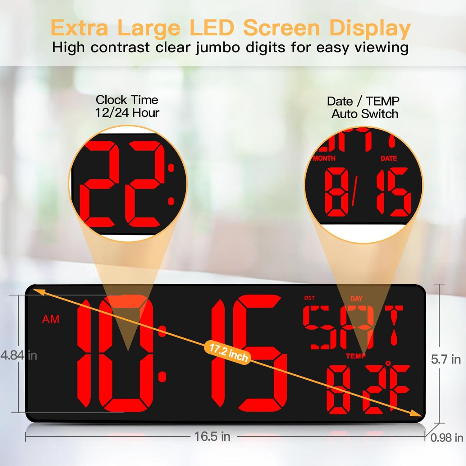 XREXS Large Digital Wall Clock with Remote Control, 17.2 Inch LED Large Display Count Up & Down Timer, Adjustable Brightness Alarm Clock with Day/Date/Temperature for Home, Gym, Office and Classroom-1