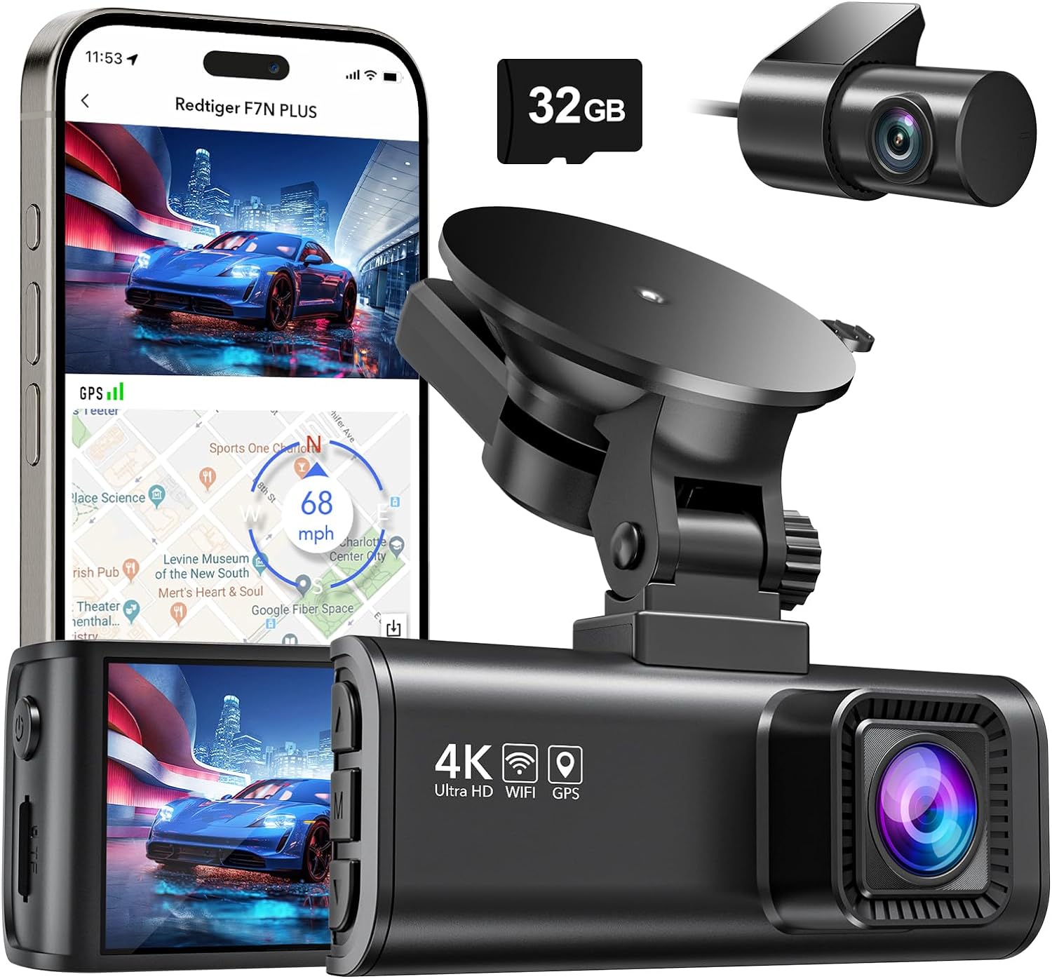 REDTIGER Dash Cam Front Rear, 4K/2.5K Full HD Dash Camera for Cars, Included 32GB Card, Built-in Wi-Fi GPS, 3.16” IPS Screen, Night Vision, 170°Wide Angle, WDR, 24H Parking Mode-0