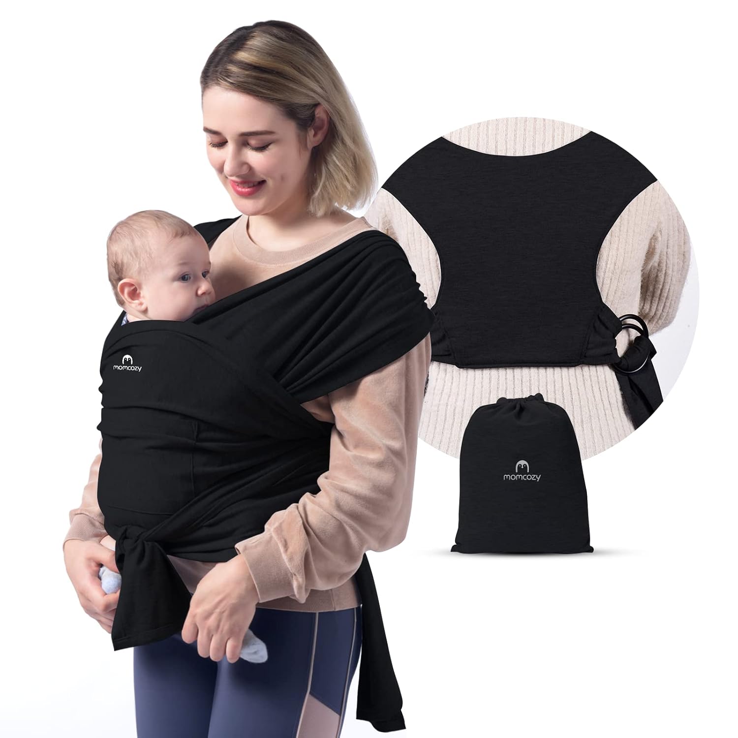 Momcozy Baby Wrap Carrier, Easy to Wear Infant Carrier Slings, Lightweight Hands Free Baby Sling, Adjustable Baby Carriers for Newborn to Toddler 8-35 lbs, Black-0