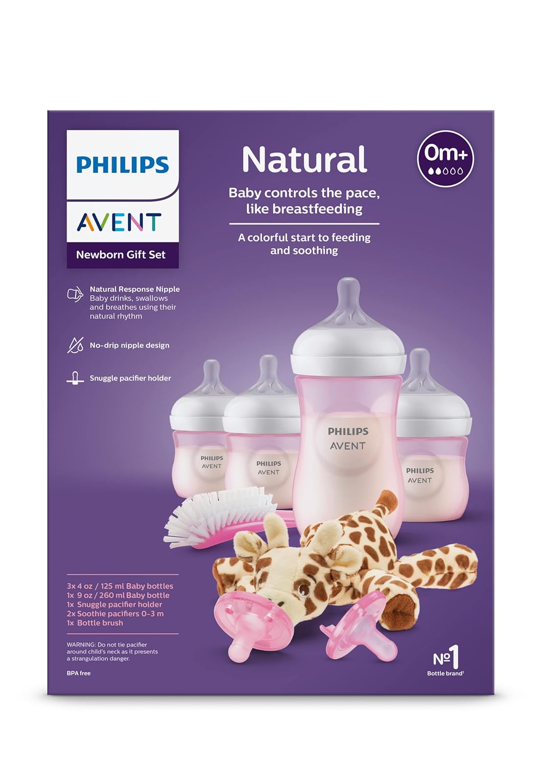 Philips AVENT Natural Baby Bottle with Natural Response Nipple, Pink Baby Gift Set with Snuggle, SCD838/03-13