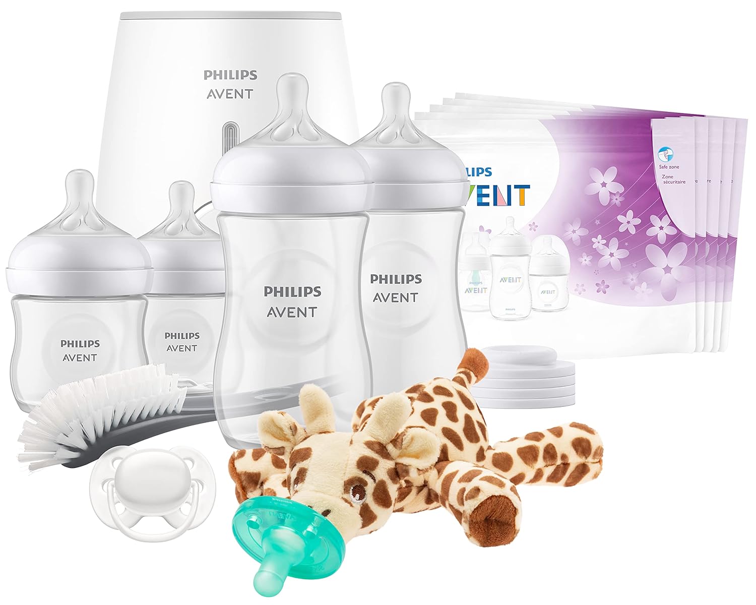 Philips AVENT Natural with Natural Response Nipple, All in One Gift Set with Snuggle Giraffe, SCD839/01-0