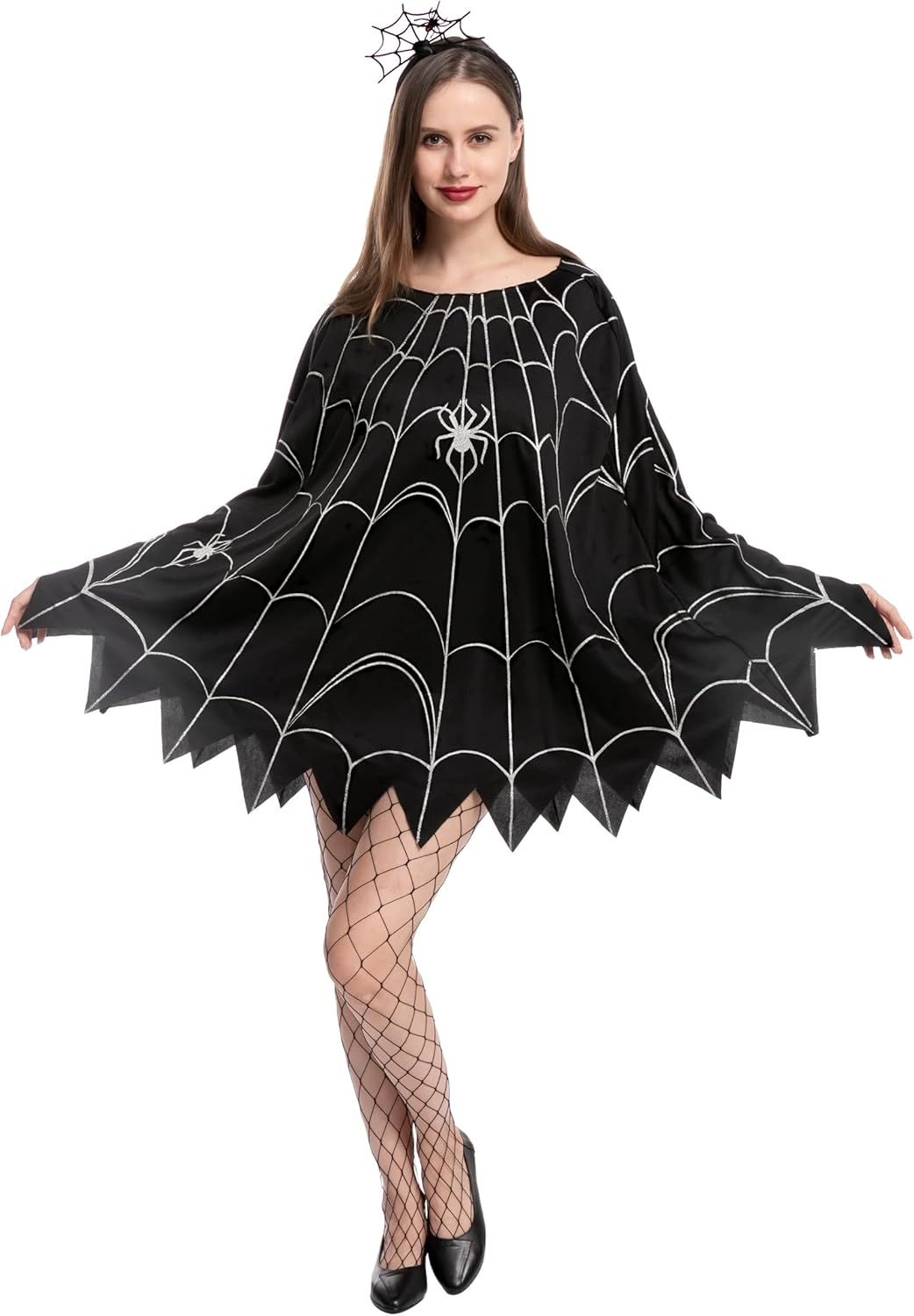 Spooktacular Creations Spider Costume Adult Woman, Halloween Poncho Costume, Spider Web Dress Poncho Costume-0