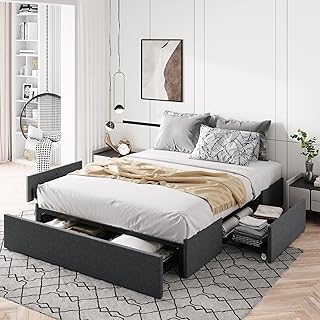 Allewie Queen Size Platform Bed Frame with 3 Storage Drawers, Fabric Upholstered, Wooden Slats Support, No Box Spring Needed, Noise Free, Easy Assembly, Dark Grey