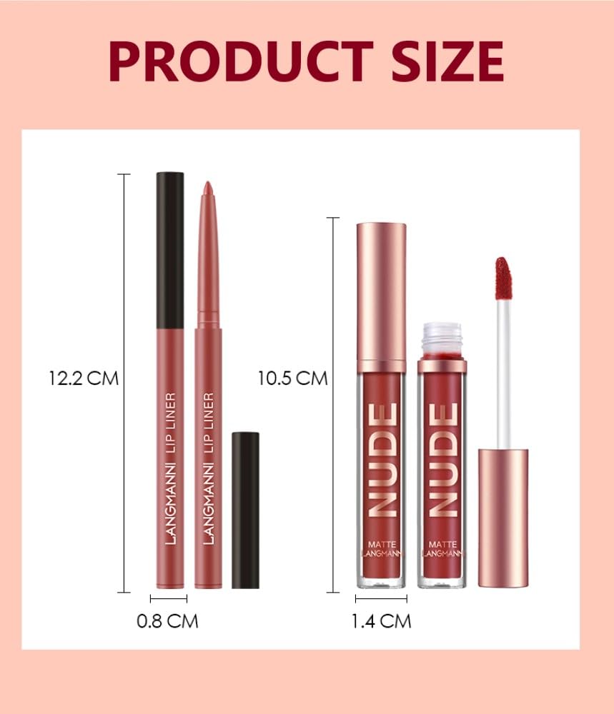 LANGMANNI 6 Matte Lipstick with 6 Lipliners Durable Makeup Set,Long-Lasting Non-Stick Cup Not Fade Waterproof Pigmented Velvet Lipgloss Kit Beauty Cosmetics Makeup Gift for Girls (#A)-12