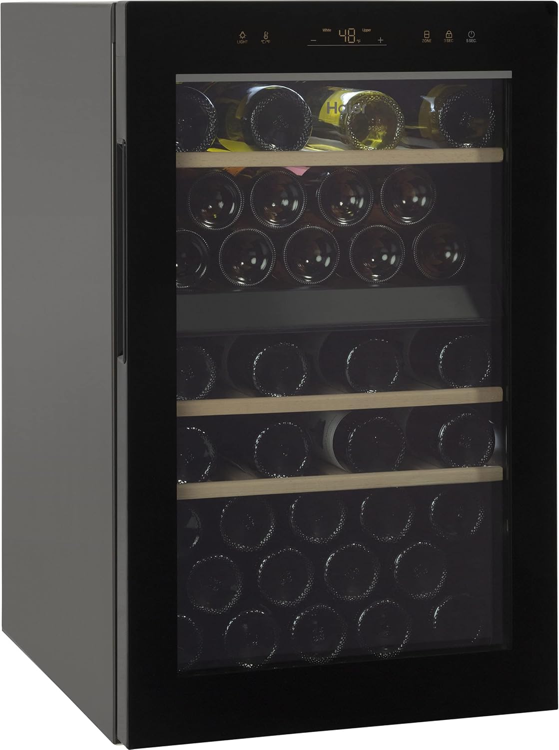 Haier Wine Cooler & Beverage Refrigerator | Mini Wine Fridge Complete With Dual-Zone Temperature Control, Triple-Pane Glass, Door Alarm & LED Interior Lighting | Fits 44 Wine Bottles | Black-0