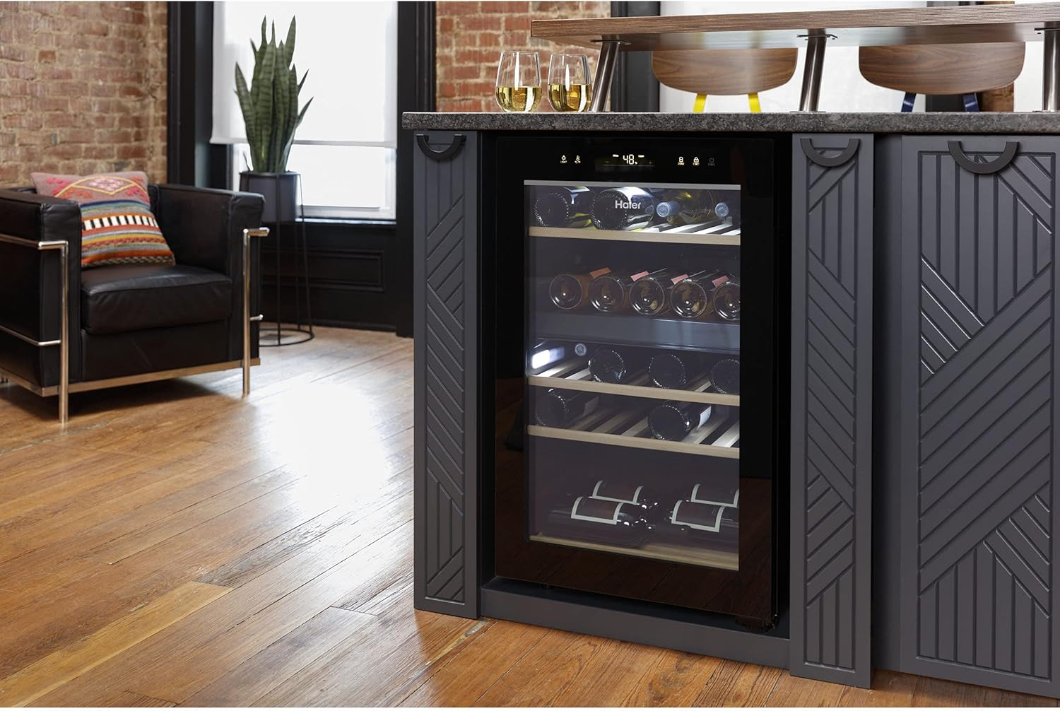 Haier Wine Cooler & Beverage Refrigerator | Mini Wine Fridge Complete With Dual-Zone Temperature Control, Triple-Pane Glass, Door Alarm & LED Interior Lighting | Fits 44 Wine Bottles | Black-5