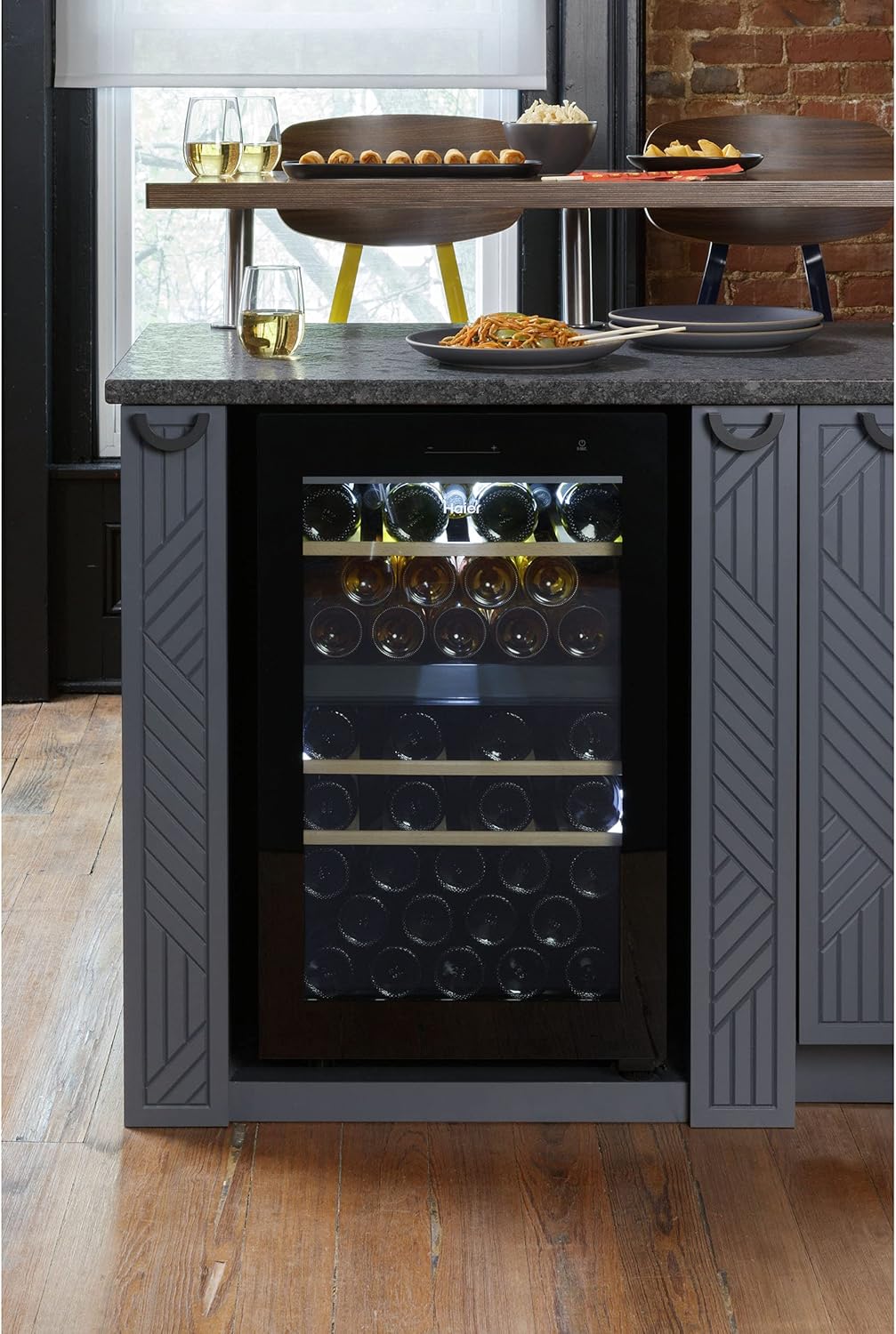 Haier Wine Cooler & Beverage Refrigerator | Mini Wine Fridge Complete With Dual-Zone Temperature Control, Triple-Pane Glass, Door Alarm & LED Interior Lighting | Fits 44 Wine Bottles | Black-8