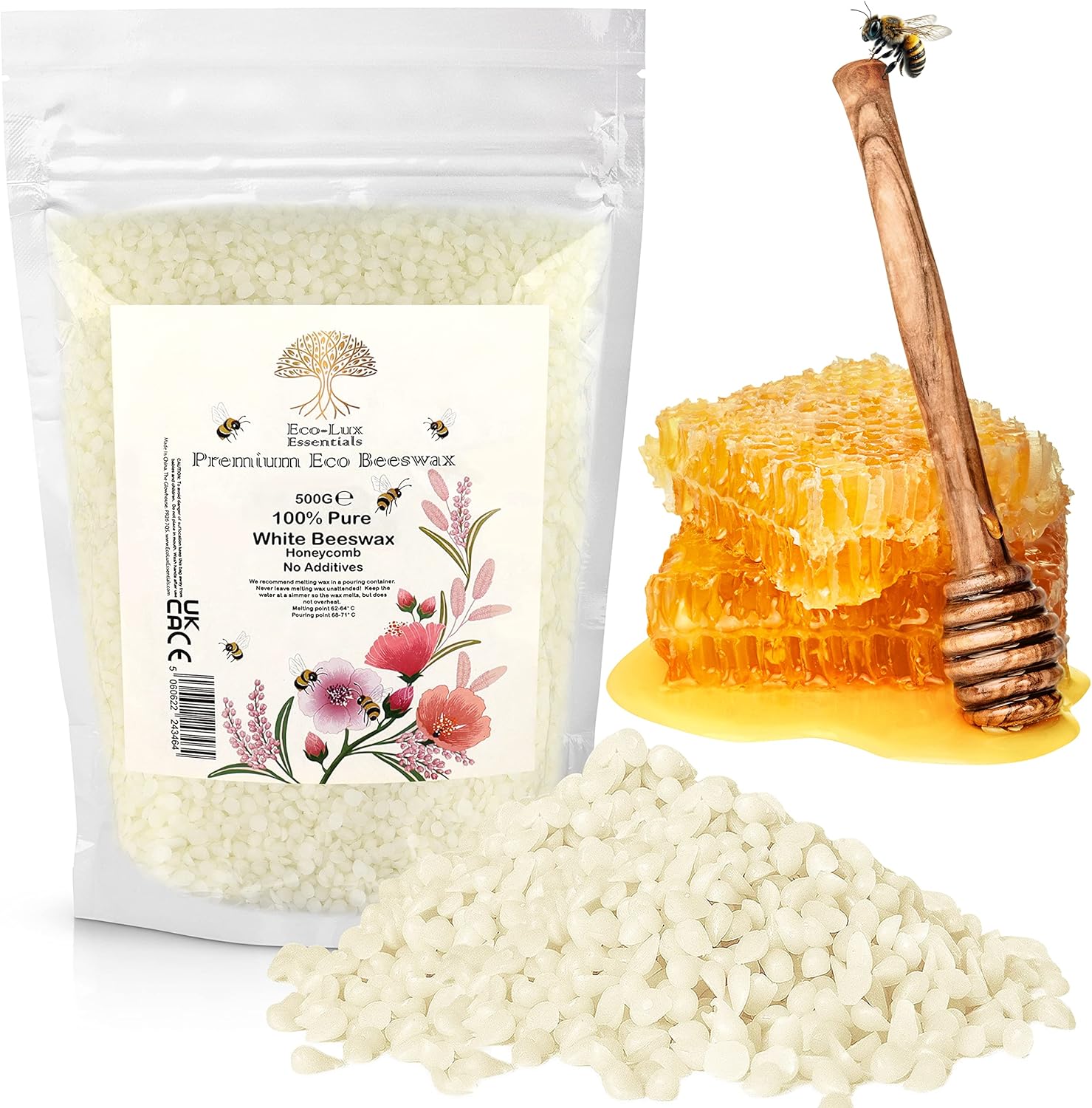 Eco Lux White Bees Wax Pellets - 1.1lb, Natural and Organic Beeswax for Skin, Cosmetic Grade - Ideal for Candle Making Lip Balm Sopa Making-0