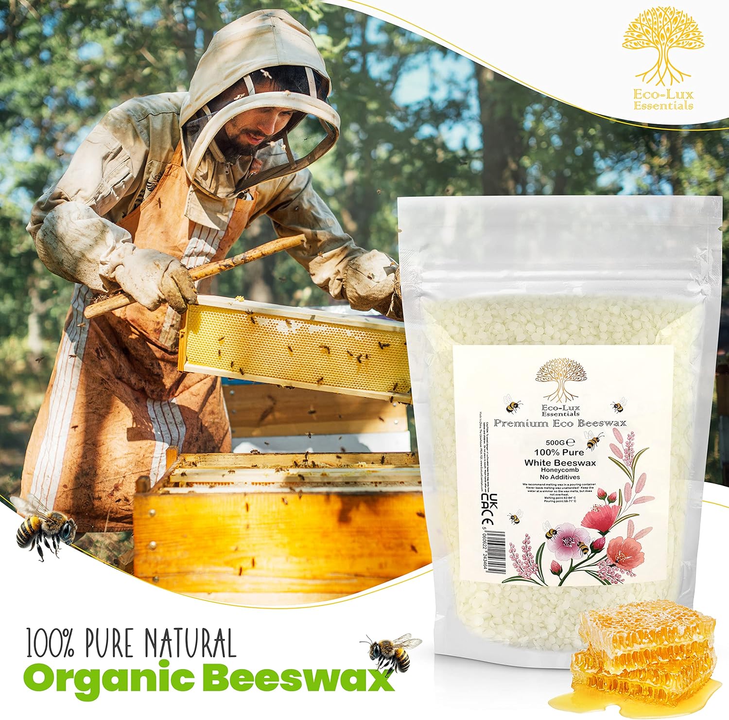 Eco Lux White Bees Wax Pellets - 1.1lb, Natural and Organic Beeswax for Skin, Cosmetic Grade - Ideal for Candle Making Lip Balm Sopa Making-1