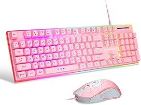 MageGee Gaming Keyboard and Mouse Combo, True RGB Backlit Membrane Office Keyboard Mouse, 104 Keys Anti-Ghosting Metal Panel Quiet Wired Keyboard for Windows Laptop PC Gamer- Pink