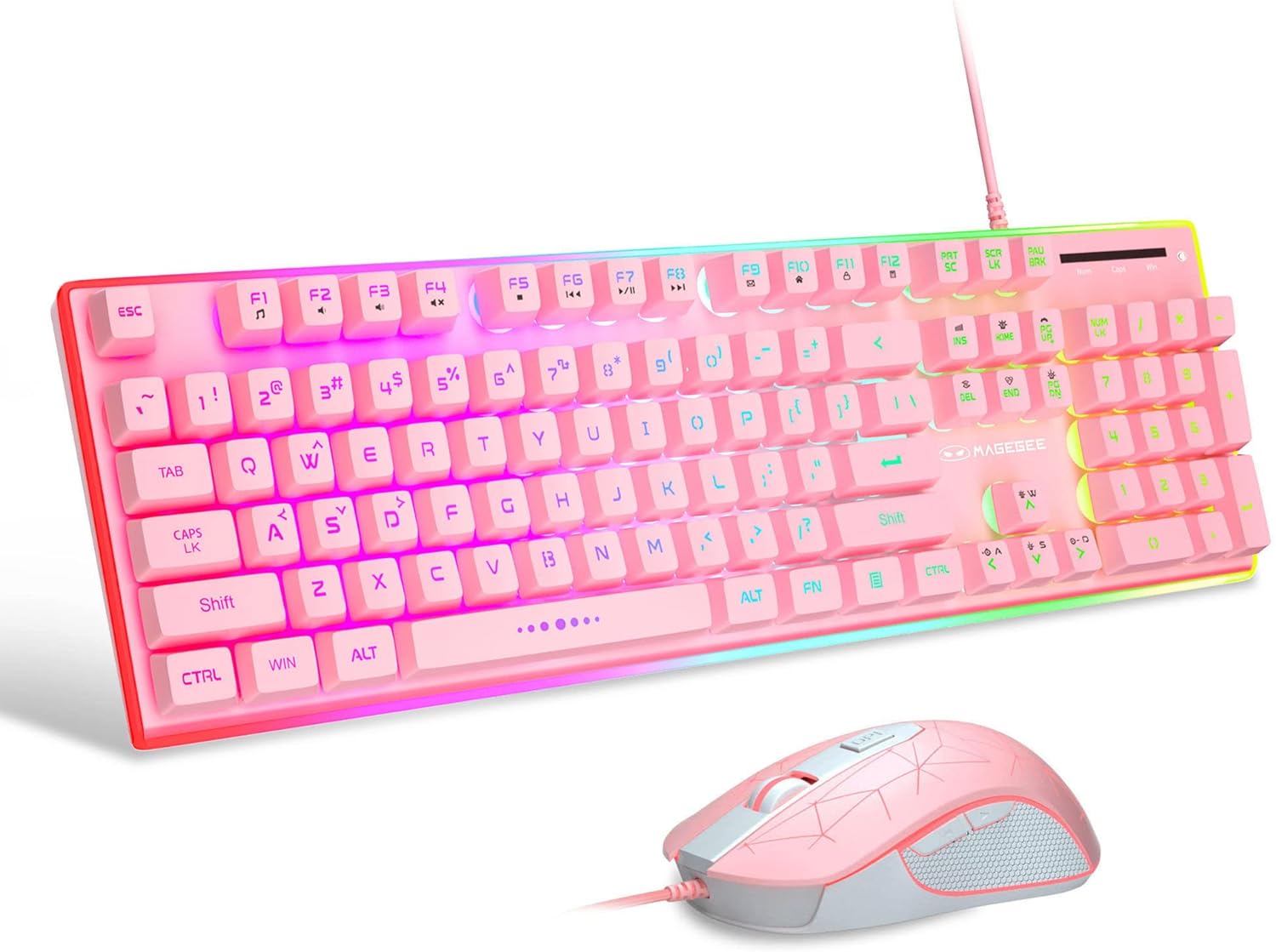 MageGee Gaming Keyboard and Mouse Combo, True RGB Backlit Membrane Office Keyboard Mouse, 104 Keys Anti-Ghosting Metal Panel Quiet Wired Keyboard for Windows Laptop PC Gamer- Pink-0