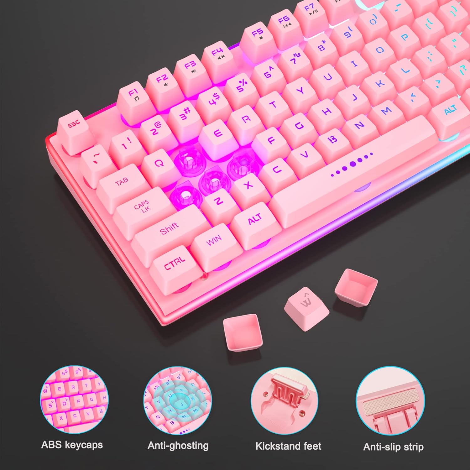 MageGee Gaming Keyboard and Mouse Combo, True RGB Backlit Membrane Office Keyboard Mouse, 104 Keys Anti-Ghosting Metal Panel Quiet Wired Keyboard for Windows Laptop PC Gamer- Pink-4