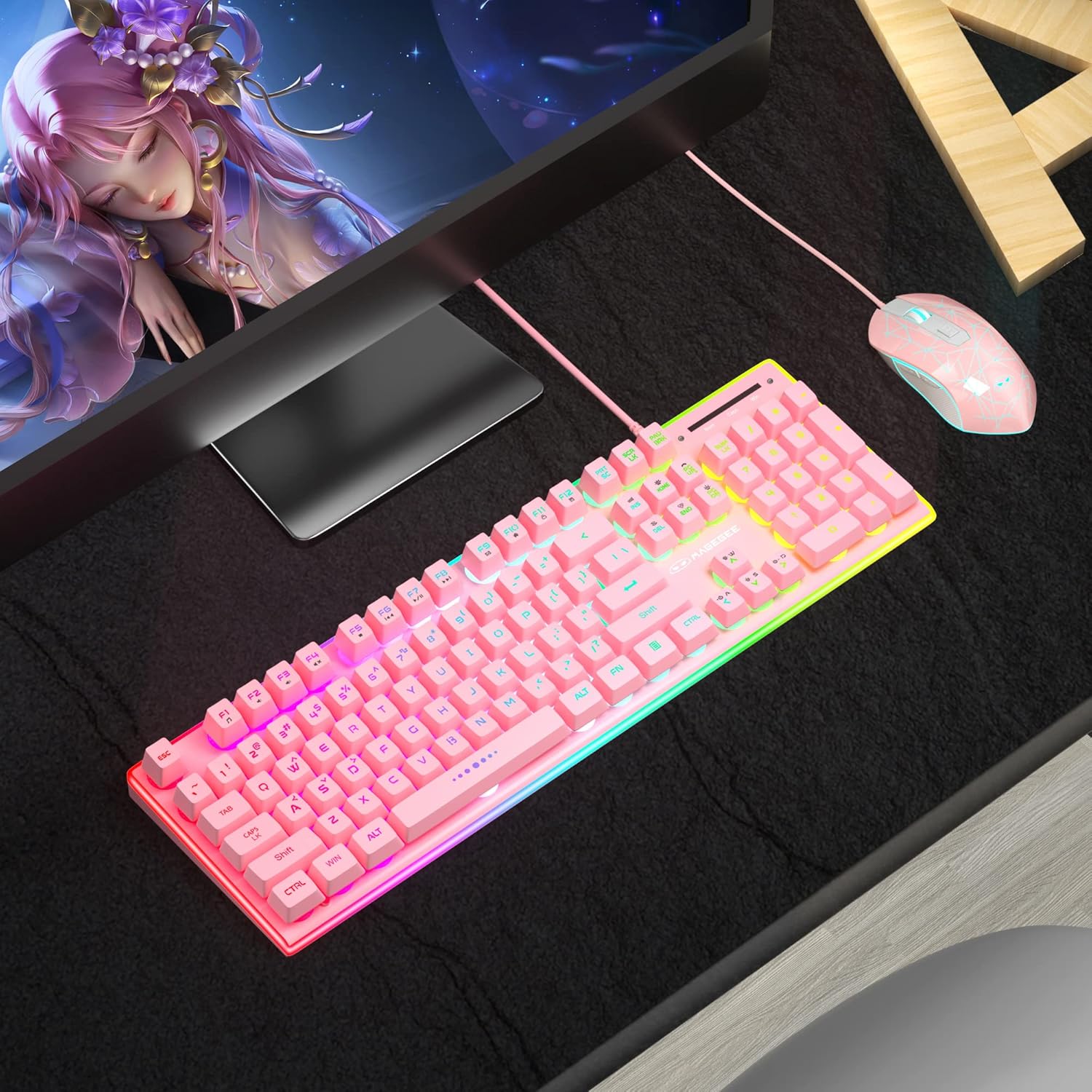 MageGee Gaming Keyboard and Mouse Combo, True RGB Backlit Membrane Office Keyboard Mouse, 104 Keys Anti-Ghosting Metal Panel Quiet Wired Keyboard for Windows Laptop PC Gamer- Pink-5