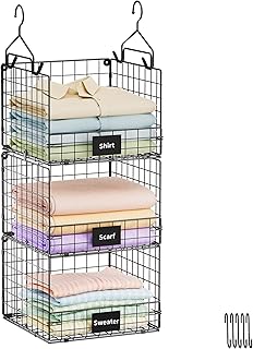 Sonyabecca 3-Tier Hanging Closet Organizer with Name Plate, Clothes Hanging Shelves 5 S Hooks, Wall Mount & Cabinet Foldable Wire Storage Basket, for Clothing Sweaters Handbags