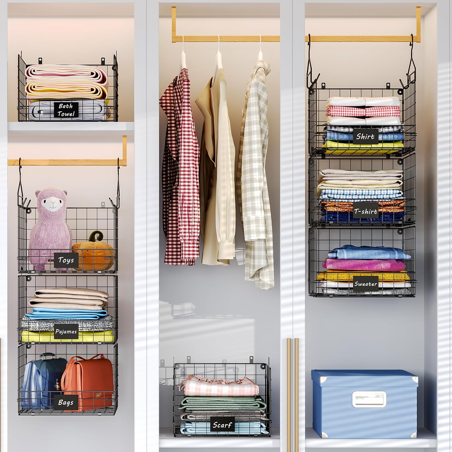 Sonyabecca 3-Tier Hanging Closet Organizer with Name Plate, Clothes Hanging Shelves 5 S Hooks, Wall Mount & Cabinet Foldable Wire Storage Basket, for Clothing Sweaters Handbags-1