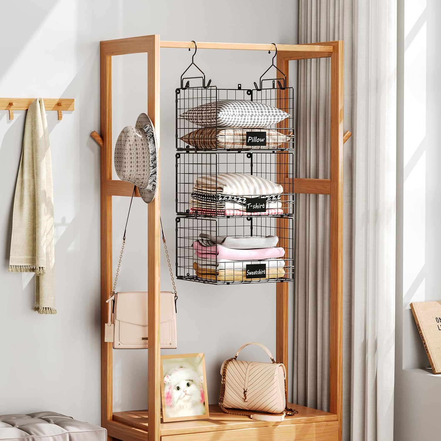 Sonyabecca 3-Tier Hanging Closet Organizer with Name Plate, Clothes Hanging Shelves 5 S Hooks, Wall Mount & Cabinet Foldable Wire Storage Basket, for Clothing Sweaters Handbags-3