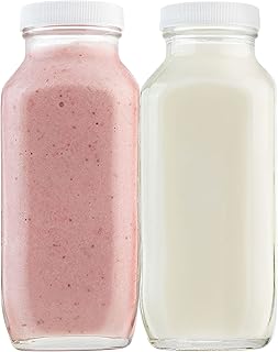 kitchentoolz 16oz Square Glass Milk Bottle with Plastic Airtight Lids - Vintage Reusable Dairy Drinking Jars Containers for Milk, Yogurt, Smoothies, Kefir, Kombucha, and Water- Pack of 2