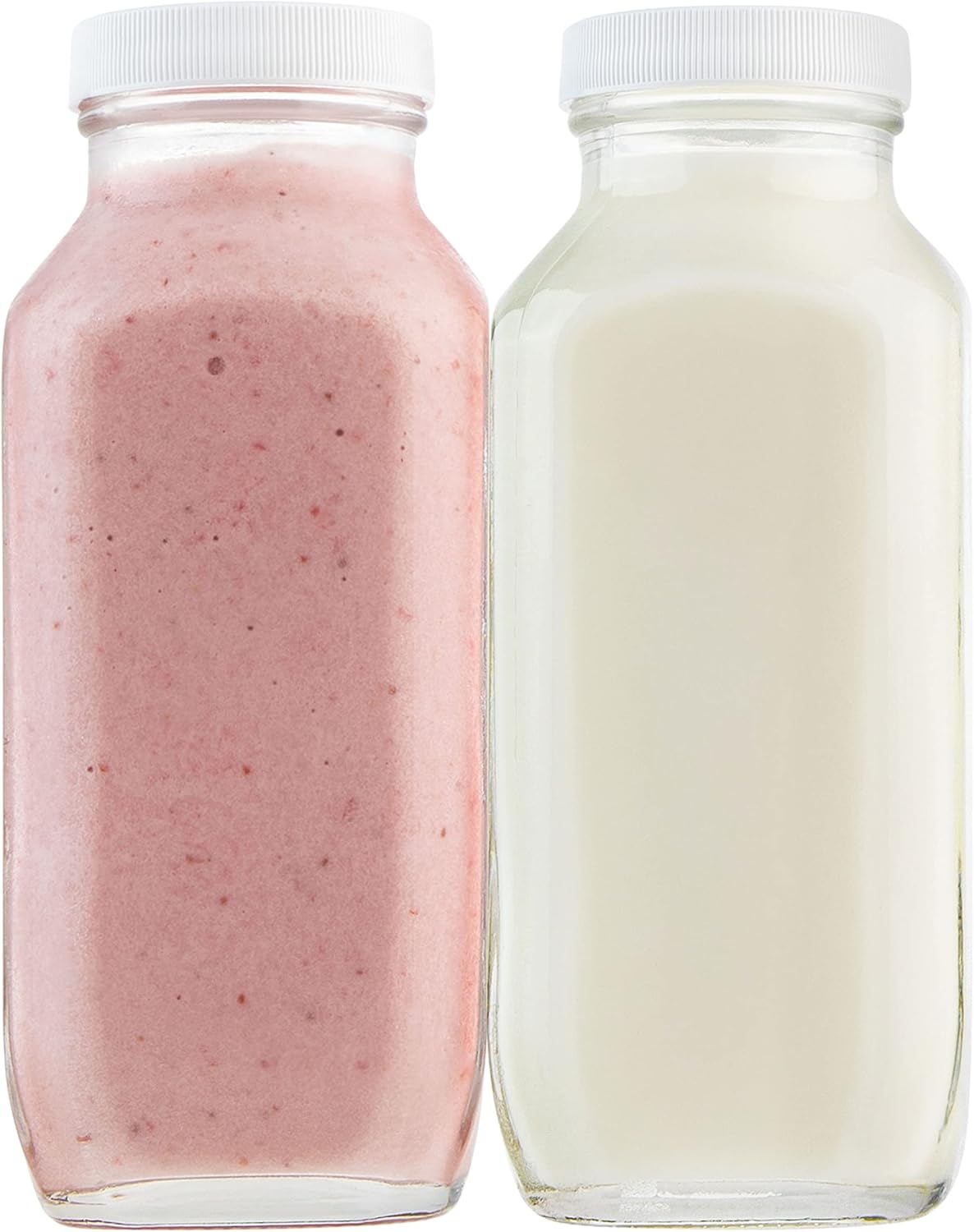 kitchentoolz 16oz Square Glass Milk Bottle with Plastic Airtight Lids - Vintage Reusable Dairy Drinking Jars Containers for Milk, Yogurt, Smoothies, Kefir, Kombucha, and Water- Pack of 2-0