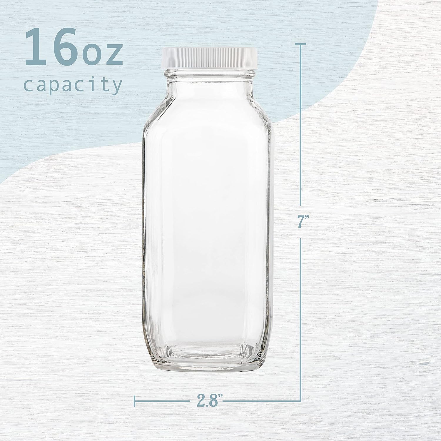 kitchentoolz 16oz Square Glass Milk Bottle with Plastic Airtight Lids - Vintage Reusable Dairy Drinking Jars Containers for Milk, Yogurt, Smoothies, Kefir, Kombucha, and Water- Pack of 2-3