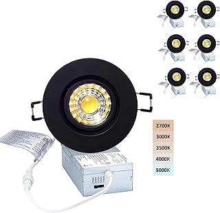 Canless Recessed Gimbal Downlight Rotatable-Spotlight 5 CCT 3 Inch Eyeball Ceilling Potlight, Dimmable Recessed Lights Fixture with Junction Box, 8W CCT Adjustable, Black Round Trim, 6 Pack