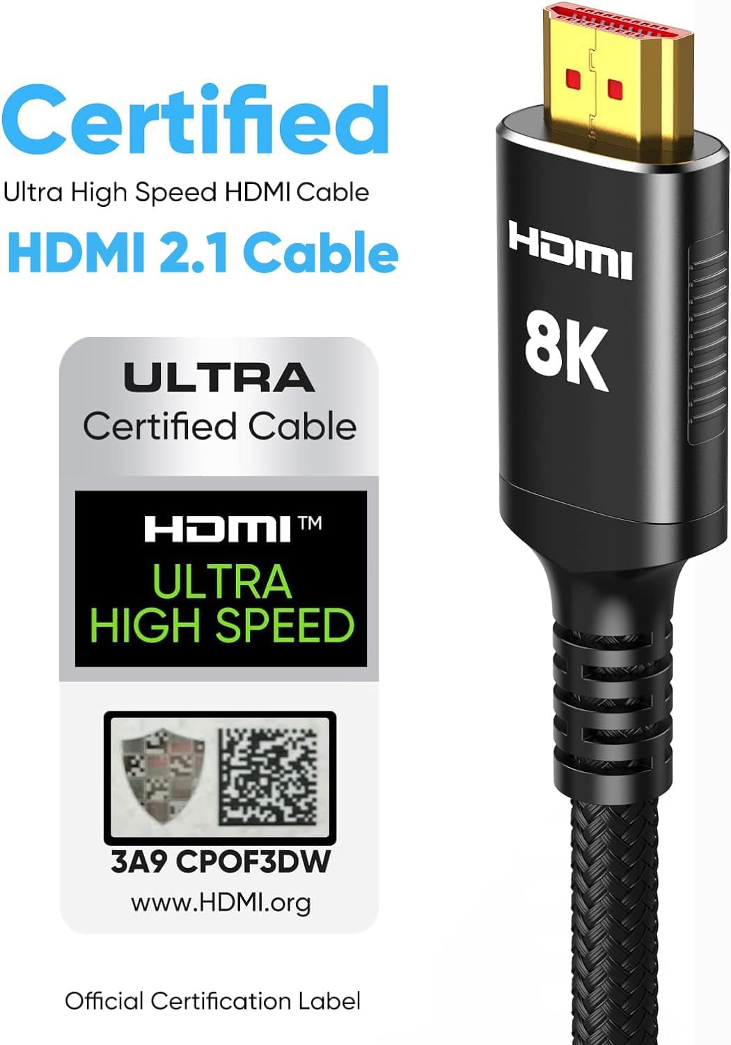 Snowkids 8K Certified HDMI 2.1 Cable 10 ft, 48Gbps Ultra High-Speed HDMI Cables Cord, 10K 8K@60Hz, 4K@120Hz Compatible for TV/Laptop/Monitor/PS5/Xbox/Projector/Entertainment/Sound System & More-1